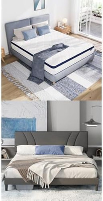 12'' Queen Mattress & Upholstered Bed Frame with Adjustable Headboard