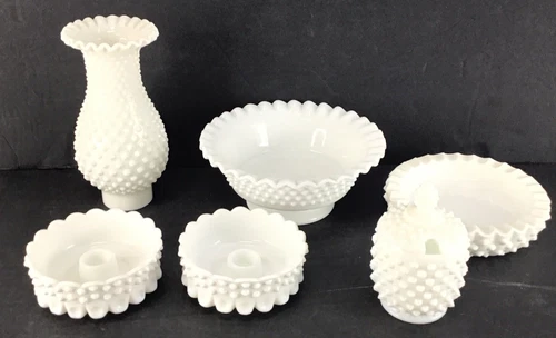 6 White Fenton Hobnail Milkglass lamp shade, Bowl, Jam Jar, Candle Holders