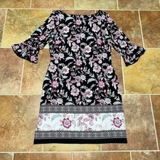 NINE WEST Black Pink Gray Ruffled Cuff 3/4 Sleeve Stretch A-line Dress Size 10