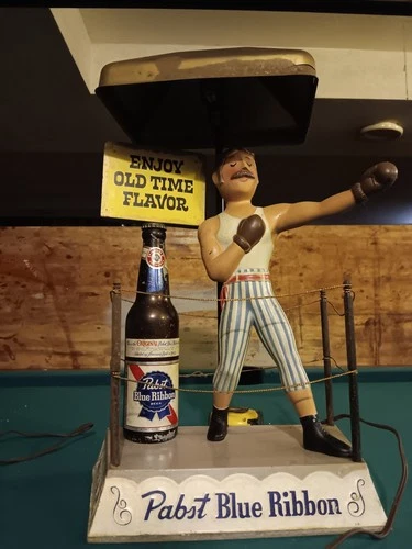 Vtg Pabst Blue Ribbon Beer Bar Display Metal Boxer in Ring Lighted Lamp Sign PBR