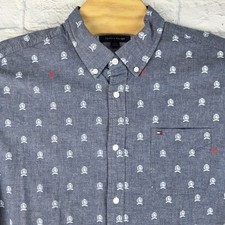 Tommy Hilfiger Men Blue Crest All Over Print Stretch Long Sleeve Button Shirt XL