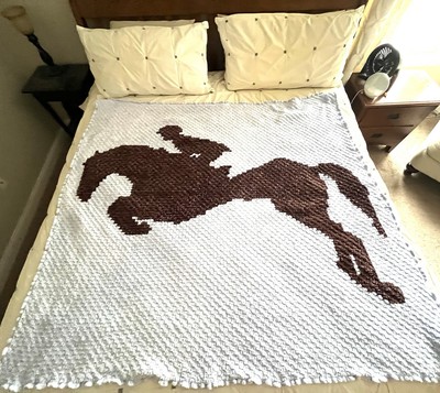 Crochet Horse/Equestrian/Jump/Hunter C2C Blanket, Velvet Yarn Super Soft