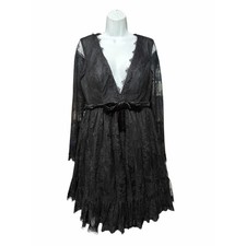 Mac Duggal Black Lace Long Sleeve Deep V Babydoll Short Dress NWT 8