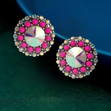 Pink/Blue Turquoise AB Rhinestone Flower Round Stud Earrings