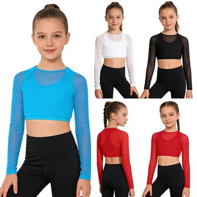 Girls Crop Top Tee Shirts Long Sleeve Sweatshirt Sports Costume Mesh Modern