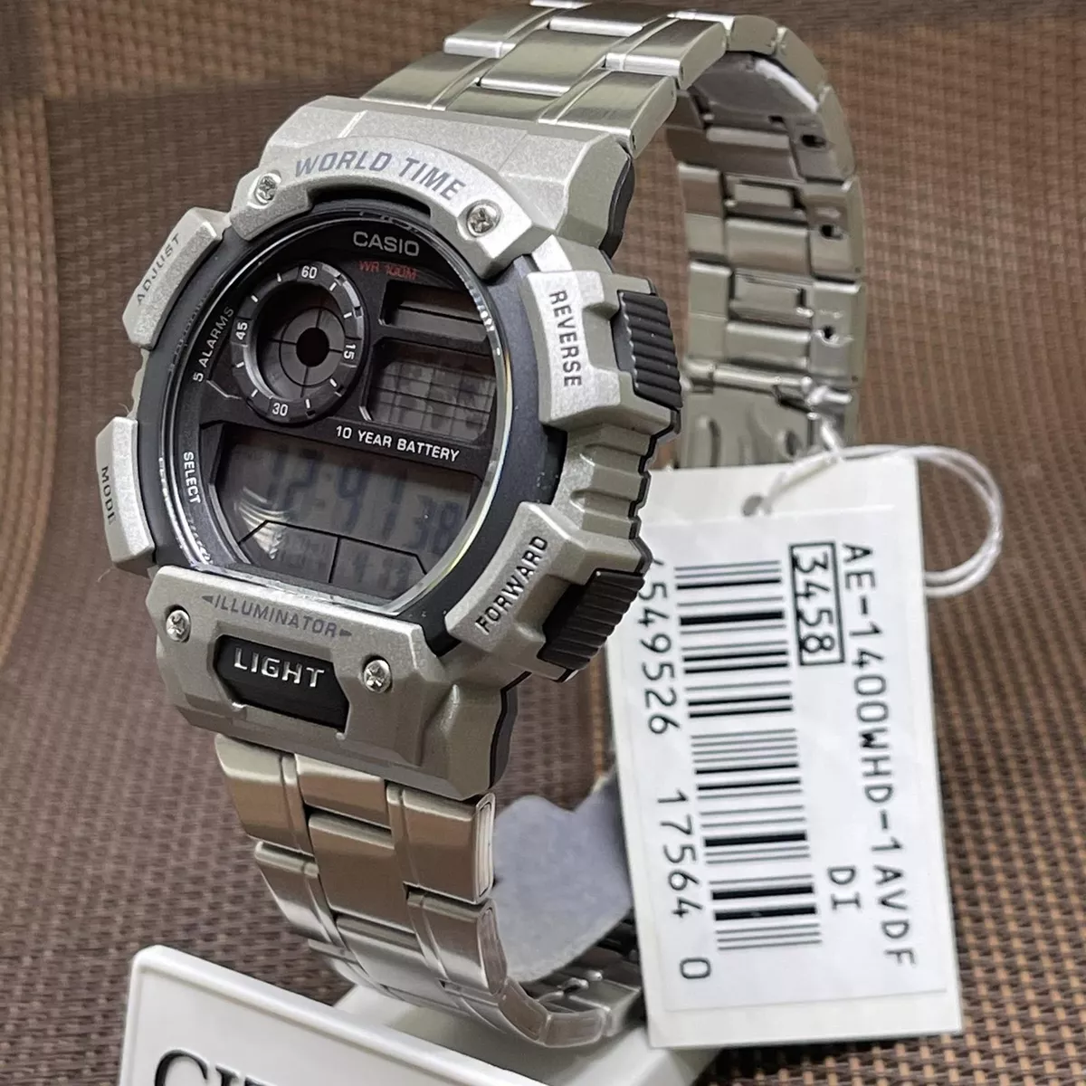 Casio AE 1400WHD 1A World Time Illuminator Digital Stainless Steel Alarm Watch