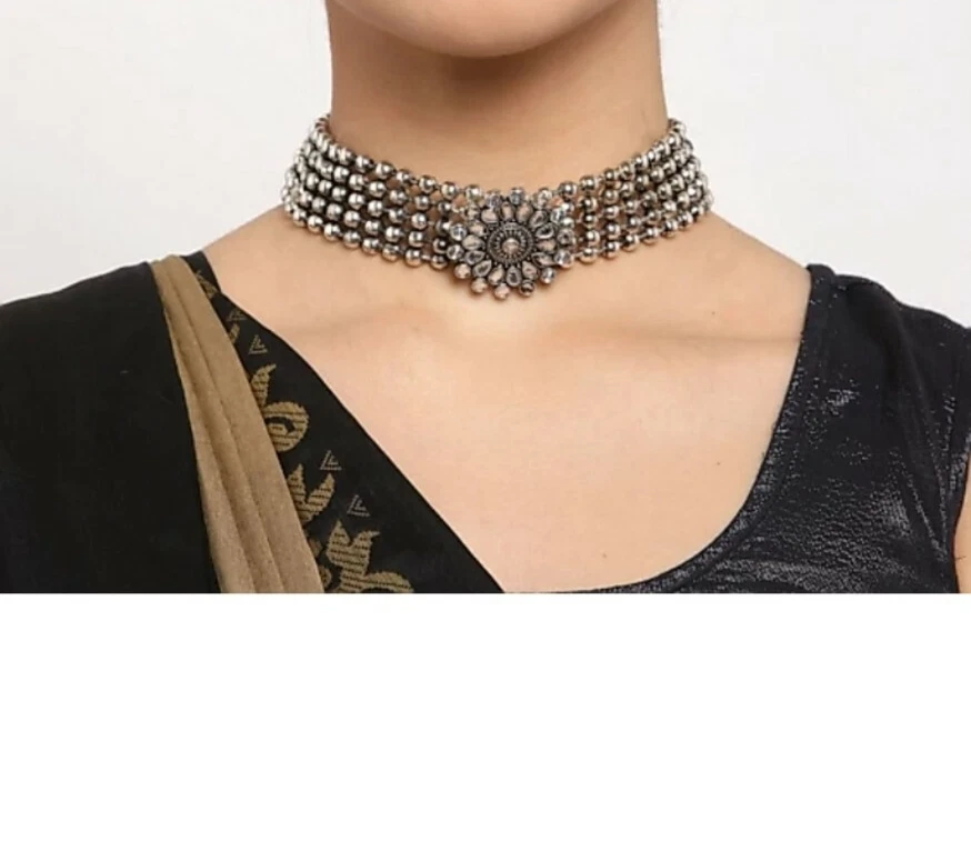 Этнический Болливуд стиль серебра окисленный только ошейник ожерелье индийский ювелирный набор - Изображение 2 из 4