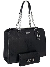 Guess Women's Ellison Logo Debossed Satchel Tote Bag Handbag & Wallet Set- Black