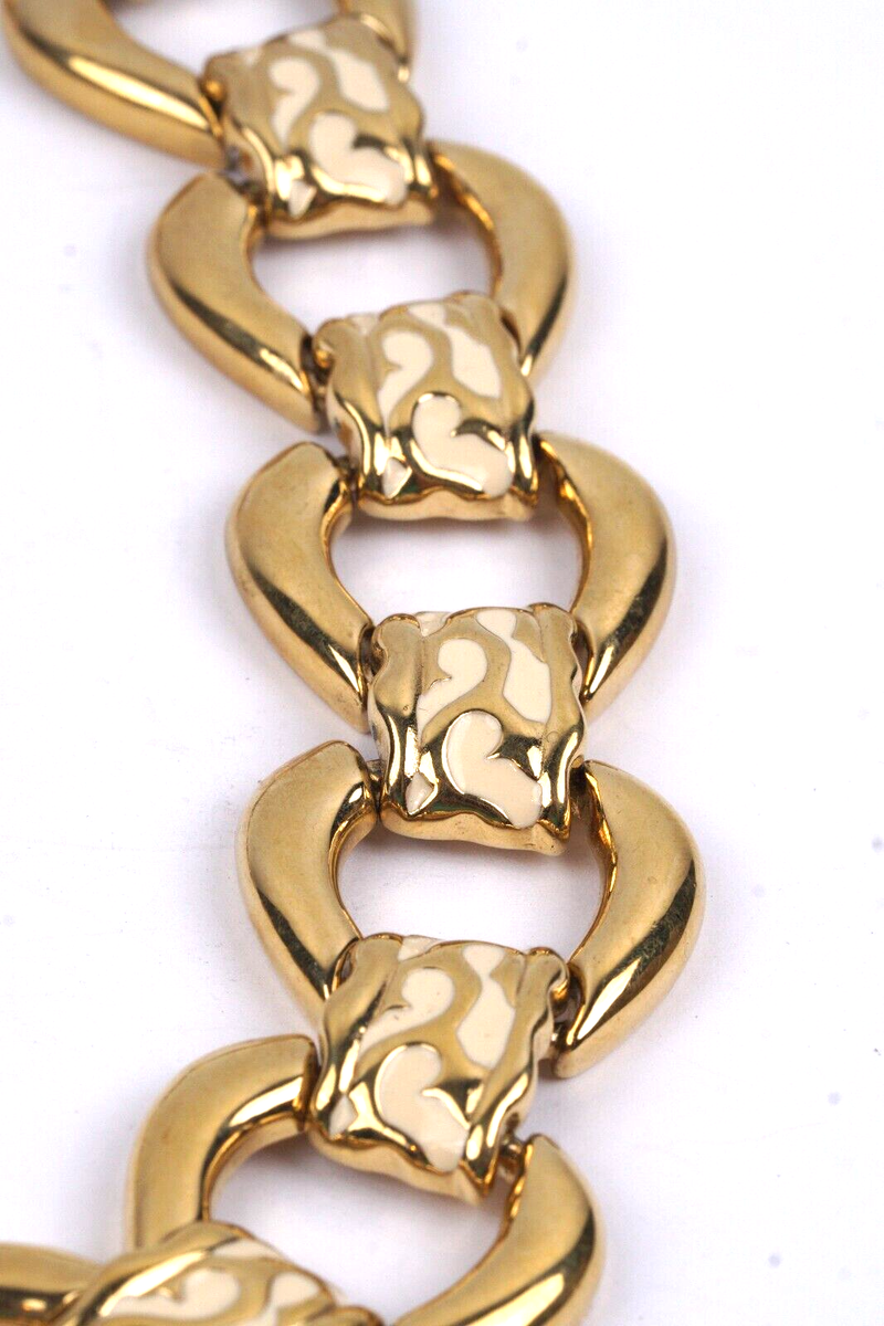 Vintage Givenchy Gold Cream Enameled Chain Bracelet & 18