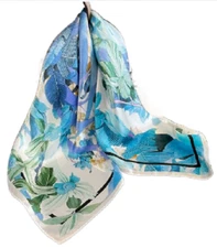 100% Silk 26" large square Scarf Women neckerchief Wrap floral blue green WY201