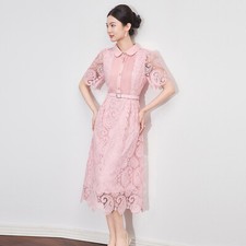 Hollow Lace Lapel Waist Belted Celebrity Temperament Dress Women's A-line Party
