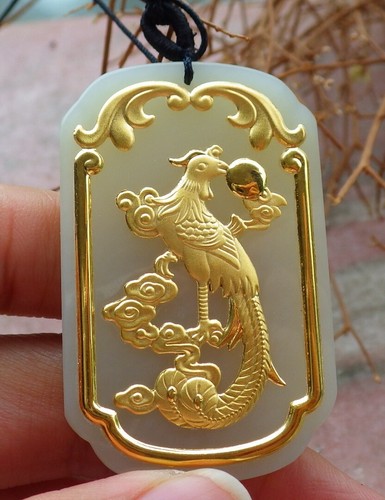 Certified 24K Yellow Gold Hetian Nephrite Natural Jade Phoenix Rectangle - Picture 6 of 8