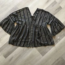 Boutique Black Gold Double V-Neck Flare 3/4 Sleeve Boho Flowy Blouse Large