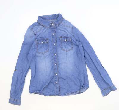 Ci Sono Damen blau 100 % Baumwolle Basic geknöpft Größe M Kragen
