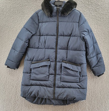 Evans Contrast Zip Faux Fur Trim Coat Women's 20 Navy Front Zip Long Sleeve~