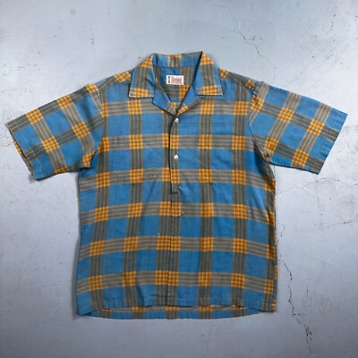 Vintage 60s 70s Pennys Towncraft Blue Camp Loop Collar Shirt
