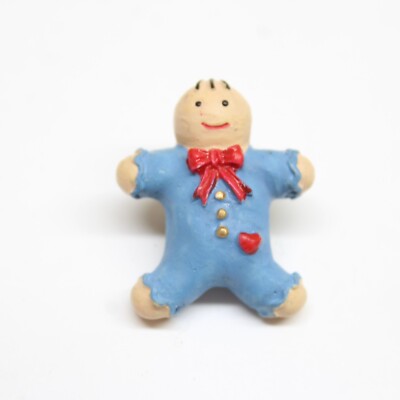 Christmas Ginger Cookie Blue Heart Bow Pin Ceramic Collectible