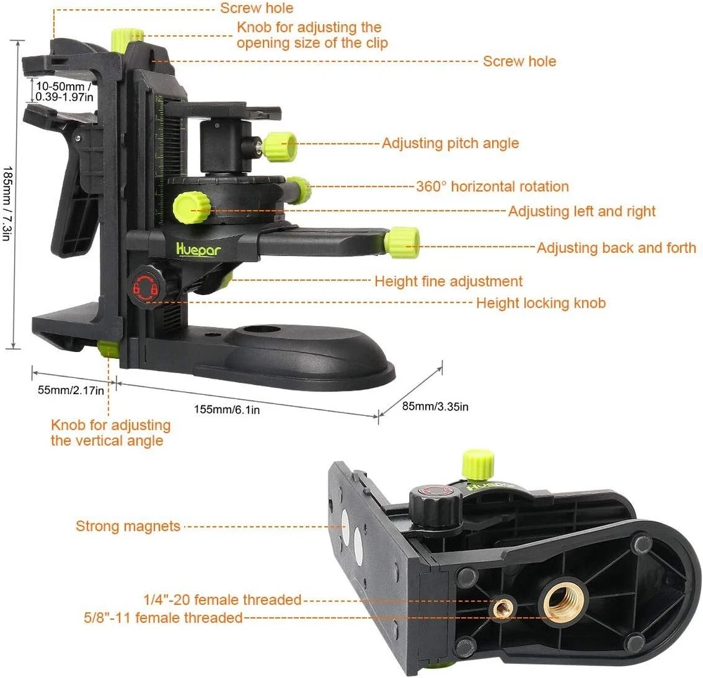 Adjustable Laser Level Bracket– Magnetic Base, Height Adjustment, 1/4"-20 Thread
