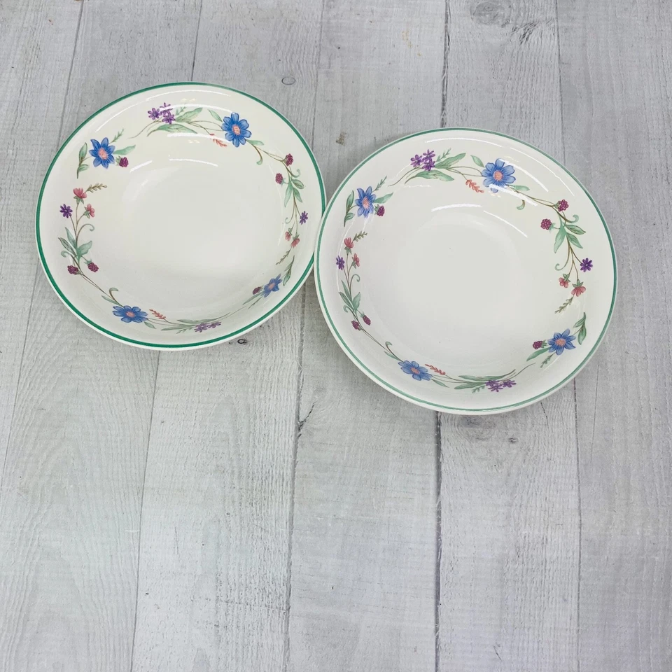 Juego de 4 cuencos de cereal Oneida AVA blanco azul púrpura flores banda verde gres Foto 4 de 4