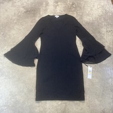 Calvin Klein Dress Womens Medium Black V Neck Bell Sleeve Flowy Classic
