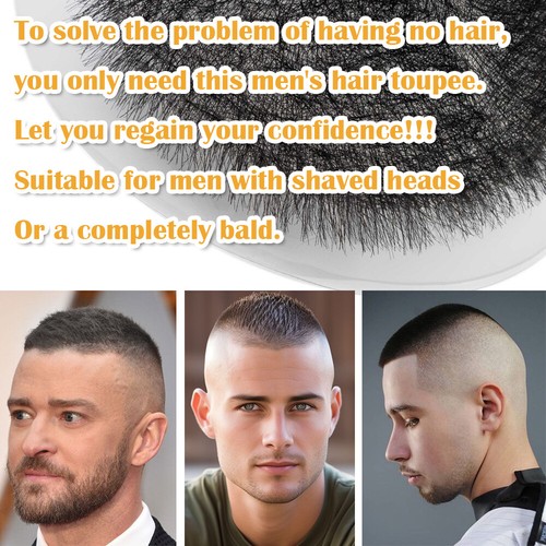 Mens Toupee Human Hair Systems Thin Skin PU Hair Piece Replacement Buzz Cut/Back - Picture 3 of 18