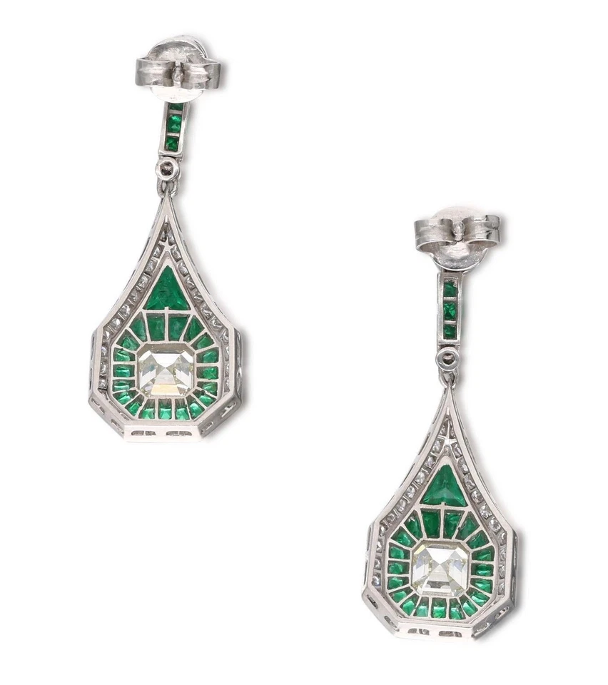 Egyptian Art Deco Style White Lab-Created Diamonds & Green Emeralds Earrings - Image 2 of 4