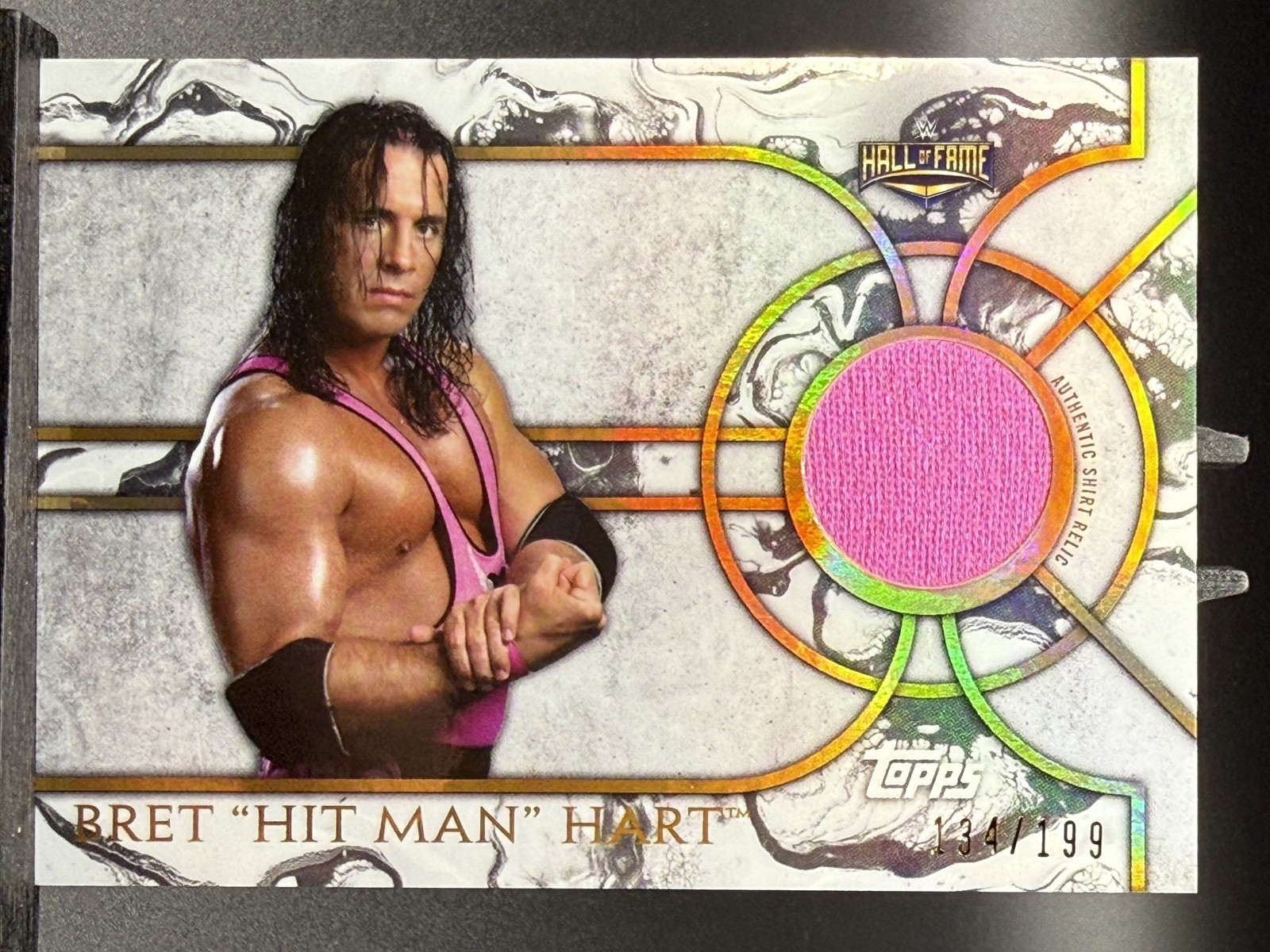 Bret 'Hit Man' Hart #SR-BH Wrestling Cards 2018 Topps Legends of WWE Shirt Relics trading card — raw and PSA graded price guide