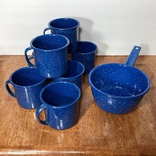 Lot of 7 Blue White Speckled Enamelware Metal Coffee Mugs Sauce Pan Camping