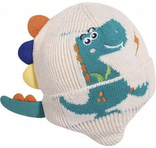 Childrens Dinosaur Knit Hat Ear Protection Size 2-6Y Beige Light Blue Navy-New
