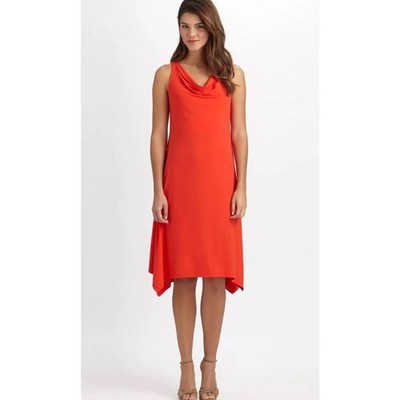 Eileen Fisher Red Orange Firefly Viscose Jersey Cowl Neck Dress Asymmetric Sz M