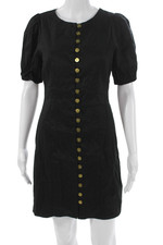 J Crew Womens Black Linen Mini Short Sleeve Dress Round Neck Button Size 2