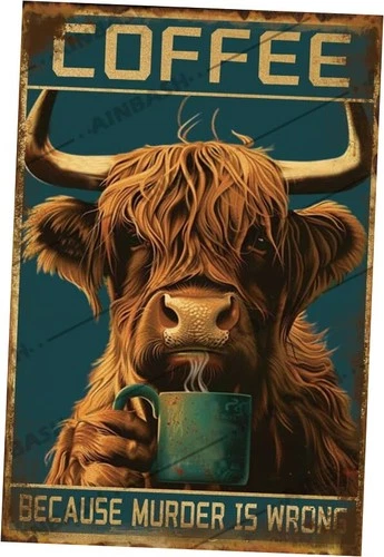 Highland Cow Metal Tin Sign Vintage Coffee Because Murder Is Wrong Tin Poster