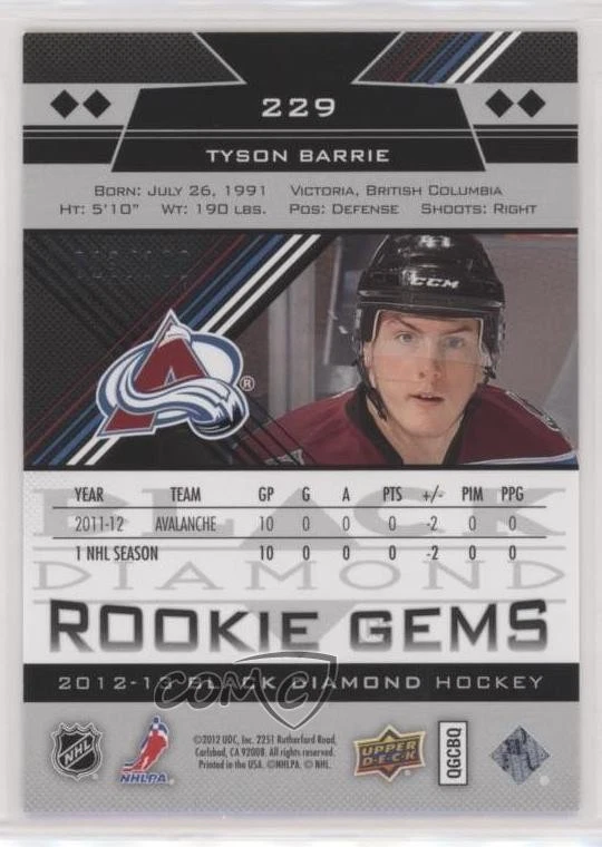 2012-13 Upper Deck Black Diamond Quad Gems Ruby /100 Tyson Barrie #229 Rookie RC - Image 2 of 2