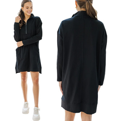 Entro Couldn't Be Happier 1/4 Zip Sweatshirt Dress Women's Large Black Boho Chic