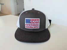 BASSDASH Flat Brim Trucker Cap Adjustable One Size Charcoal Grey Fish USA Flag
