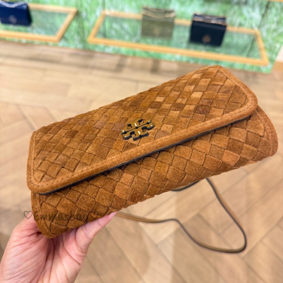 Tory Burch Thea Woven Flat Wallet Crossbody 175918 $595 Chicory