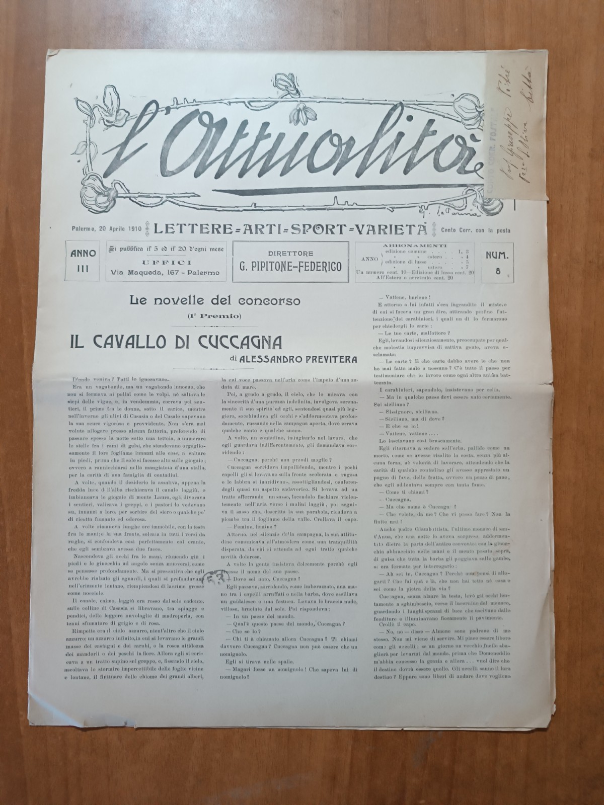 L'ATTUALITA' 8/1910 G. Pipitone Federico, Giuseppe Pitrè, Palermo, L'Etna