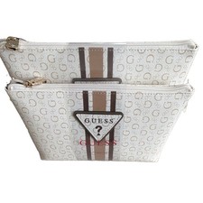 GUESS White/Beige Logo Print Zipper Makeup Bag Cosmetic Pouch Set of 2