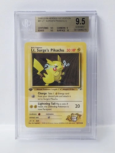 POKEMON GYM HEROES 1ST EDITION LT SURGES PIKACHU BGS 9.5 NICE!!!!!!