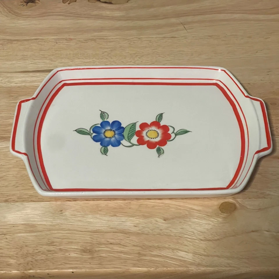 Винтажные фарфоровые красно-синие цветочные подносы с маркировкой на спине сделано в Японии - Изображение 3 из 4