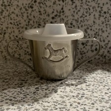 DaySpring Metal Sippy Cup Silver W/ Handles Hard Lid MPN 30788  Jesus loves me  