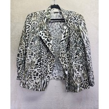 Chicos Linen Leopard Print Open Front Jacket Tan Black Green Size 3 XL Workwear