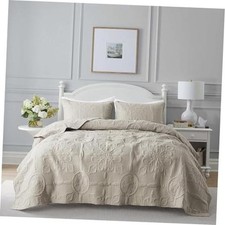 Damask Quilt Size Bedding Sets with 2 Pillow Shams, Boho Bedspread Queen Beige