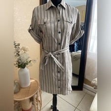 Rag & Bone Roxanne Utility Shirt Dress Linen Blend Beige Black Stripe Belted .