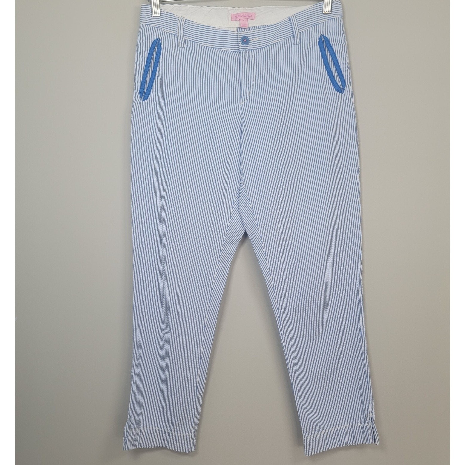 Lilly Pulitzer Mitzie Womens 4 Seersucker Stripe Ankle Pants Blue Cotton