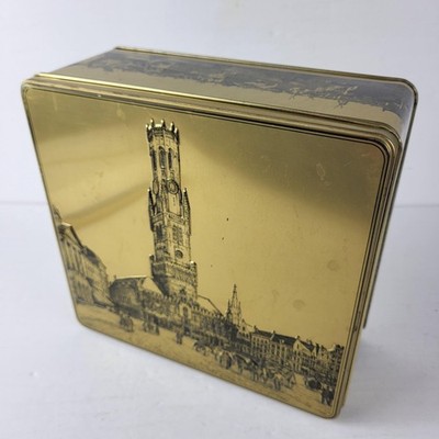 Vintage Brugge Belgium Tin Box Embossed Belfry Scene Bruges Gold Metal Collector