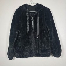 Bebe Sport Plush Faux Fur Zip Hoodie Jacket Black Logo Hood Women's M