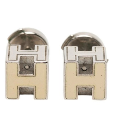 Hermes Cage d'H H-Cube Earrings, Silver and Beige Metal Enamel, Wo