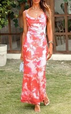 Women's Boho Orange White Floral Spaghetti Strap Bodycon Lined Dress Size-M-NEW