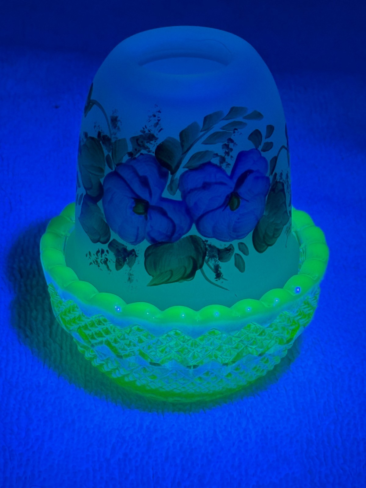 Mosser Painted Flowers with Uranium Base Fairy Lamp Hand Painted Signed
